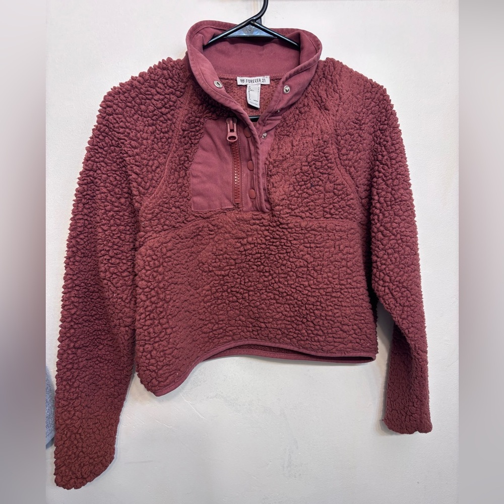 Forever 21 Burgundy Snap Front Boxy Sherpa Pullover Jacket Womans Size Small
